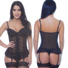 Espartilho Preto Bordado Em Tule e Renda Com Bojo Completo Lingerie Sexy Sensual Zíper Jade