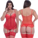 Espartilho Sexy Sensual Vermelho Bordado Em Tule e Renda Com Bojo Zíper Plus Cetim Vania