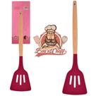 Espatula vazada de silicone vinho cabo madeira bons cheff 32x8cm na cartela- kit 2 pçs