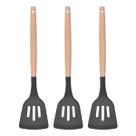 Espatula Vazada Preto Silicone Fritura Cabo Bambu - 3un