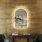 Espelho Oval Meio Corpo Jateado 60x80cm Arco Base Reta Iluminado Com 3 Cores Led Lapidado E Tecla Touch Screen
