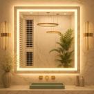 Espelho Quadrado 70x70cm LED Jateado Touch Screen Bivolt Branco Quente