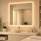 Espelho Quadrado 80x80cm LED Borda Infinita Jateado Touch Branco Quente