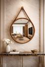 Espelho redondo decorativo com moldura alça de couro 60cm caramelo