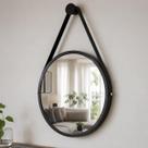Espelho Redondo Decorativo Suspenso Com Alça 20cm + Suporte Preto Alça Preta
