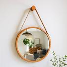 Espelho Redondo Decorativo Suspenso Com Alça 60cm + Suporte Cobre alça Caramelo