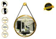 Espelho Redondo Decorativo Suspenso Com Alça 60cm + Suporte Dourado Alça Preta