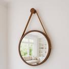 Espelho Redondo Decorativo Suspenso Com Alça 60cm + Suporte Marrom Alça Caramelo
