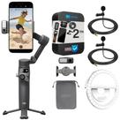 Estabilizador de cardan DJI Osmo Mobile 7P para smartphone Pacote de cardan de telefone de 3 eixos com 2 microfones de lapela Deco Essentials de 3,5 mm com clipe e luz de anel LED sem fio para smartphone + pacote de proteção de 2 anos