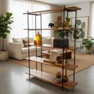 Estante de Madeira com Estrutura Metálica Preta 5 Prateleiras Design Industrial Moderna