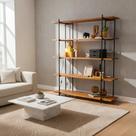 Estante de Madeira Natural 5 Prateleiras Design industrial pé de metal preto 186x145cm