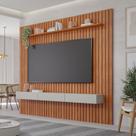 Estante e Home Theater Ripado para TV até 84 Polegadas 100% MDF 220cmx230cm Marrom Cinamomo/Off White