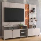 Estante Home 210cm Sala Para TV 55 Pol Com LED Cross 2.1 Lukaliam Off White Perolizado/Jequitiba