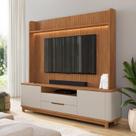 Estante painel Frisado com tampo 100% MDF para Tv 70 Polegadas 195cmx215cm Cannes Pés em Madeira Maciça Marrom Cedro/Off White