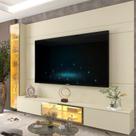 Estante para TV Home Theater até 84 Polegadas com Vidro Reflecta 100% MDF 255,2cmx217,6cm Led e Porta Luminare Bege Off White