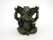 Estátua Ganesha Sentado Verde e Dourado Resina 12 cm