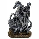 Estátua São Jorge com Cavalo e Dragão Decorativo cor prata.