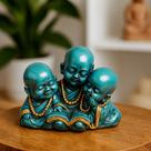 Estatueta trio de monges bebês, sabedoria em turquesa