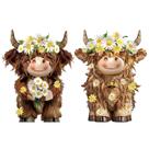 Estatuetas Burbell Highland Cow Daisy Flower Resin, 2 peças