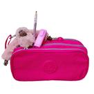 Estojo 3 Divisórias com Bolso Organizador + Chaveiro Macaco Pelúcia + Lápis Metalizado + Mini Marca Texto Divertido