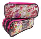 Estojo Escolar Triplo Feminino Rosa Com Preto Pink Cute Cats Winth Stylish Estojo Escolar Triplo Feminino Rosa Com Preto Pink Cute Cats Winth Stylish