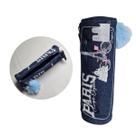 Estojo Necessaire Jeans Azul com Pompom Escolar Volta as Aulas Organizador Fofo Temático Lápis Modelo:Paris