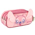Estojo Triplo Escolar Stitch Pelúcia 3D Disney Rosa Infantil
