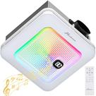 Exaustor de banheiro HAWKROWN com alto-falante Bluetooth, exaustor de banheiro de 230 CFM 1.0 Sone com luz, 3 luzes dinâmicas, 7 cores de LED, 3 temperaturas de cor, luz noturna, sincronização de música, remoto, fácil instalação