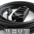 Extensão Eletrica 15 Metros Reforçada Pino Grosso 20a E 10a 03 Tomadas 110v 220v