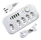 Extensão Elétrica Régua Filtro de Linha com cabo de 5 metros plug de USB Tipo C Tomadas Padrão Brasileiro 3 pinos 10 Amperes