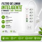 Extensão Filtro de Linha 5 Tomadas com Carregador por Indução 3 USB e USBC Proteção Elétrica Extensão Filtro de Linha 5 Tomadas com Carregador por Indução 3 USB e USBC Proteção Elétrica