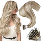 Extensões de cabelo Moresoo Nano Cabelo humano castanho caramelo com destaque para loiro platinado Extensões de cabelo Nano Bead Cabelo humano sedoso