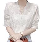 F1107-Camisa Feminina Branco Blusa Festa Réveillon Social Batizado Bordado Laise Lese Manga 1/2