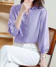 F1301-Camisa Feminina Blusa Social Lilás Festa Elegante Chique Babado Manga 3/4