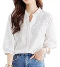 F1601-Camisa Feminina Blusa Branco Festa Réveillon Social Batizado Elegante Renda Bordado Manga 3/4 Presente