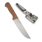 Faca 34cm em Aço Inox com Cabo de Madeira com Afiador Amolador para Cozinha