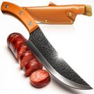 Faca Artesanal Multiuso Churrasco Cozinha Camping Lâmina Aço Inox Cabo Madeira Estojo Material Sintético Corte Preciso e Resistente