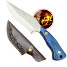 Faca Luxo Cozinha Açougueiro 21cm Cabo Azul em Madeira Lâmina Desenhada Bainha de Couro FC1