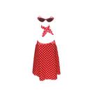 Fantasia Anos 60 com Lenço Óculos e Saia Vermelho com Bolinhas Brancas 3 Peças