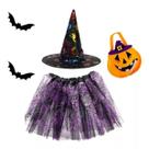 Fantasia Bruxinha Menina Infantil Hallowen Festas Temáticas Saia de Tule Chapéu