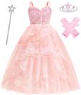 Fantasia de bruxa rosa ODESABO com luvas Crown Wand de 3-4 anos