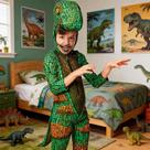Fantasia Dinossauro Rex Infantil Macacão Kigurumi Longo com Cauda e Cabeça 3D em Espuma e Zíper