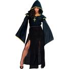 Fantasia Halloween Bruxa Feminina Adulta Vestido Gotico Medieval Paga de Luxo com Capuz e Detalhes Dourado