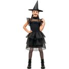 Fantasia Halloween Infantil Menina Gotica de Luxo Vestido Bruxa Chapeu e Meia Arrastão