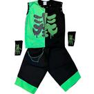 Fantasia Infantil Halloween pra Menino Estiloso Roupa Caveira Verde e Preta Curta de Luxo Com Luvas Meio Dedo