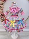 Fantasia Infantil Junina Rosa Chiclete com Estampa de Florzinhas