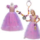 Fantasia Infantil Princesa com Vestido Longo Lilás e Rosa Tiara com Trança