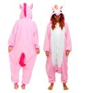Fantasia Macacão de Unicórnio Kigurumi Adulto Rosa e Branco Com Gorro