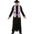 Fantasia Masculina Adulta de Halloween Roupa de Padre Assassino Medieval Tunica Preta e Estola Sacerdote com Sangue