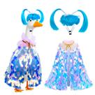 Fantasia Porch Goose, peruca azul Voccos e capa de lantejoulas arco-íris Fantasia Porch Goose, peruca azul Voccos e capa de lantejoulas arco-íris